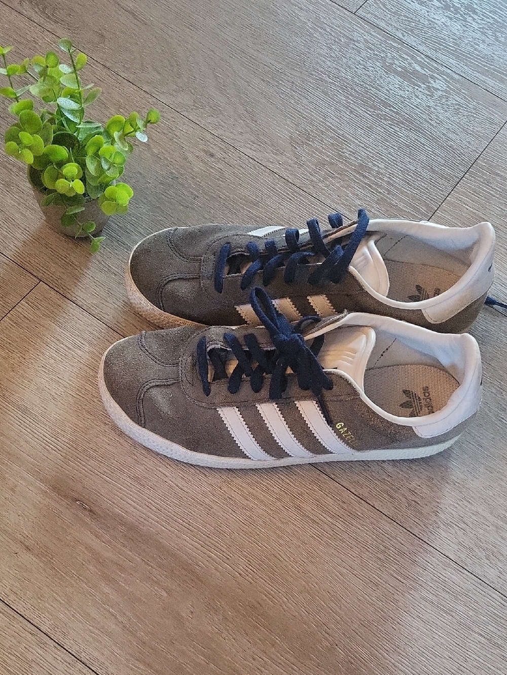 Adidas Gazelles Suede Sneakers with White Stripes and Navy Laces